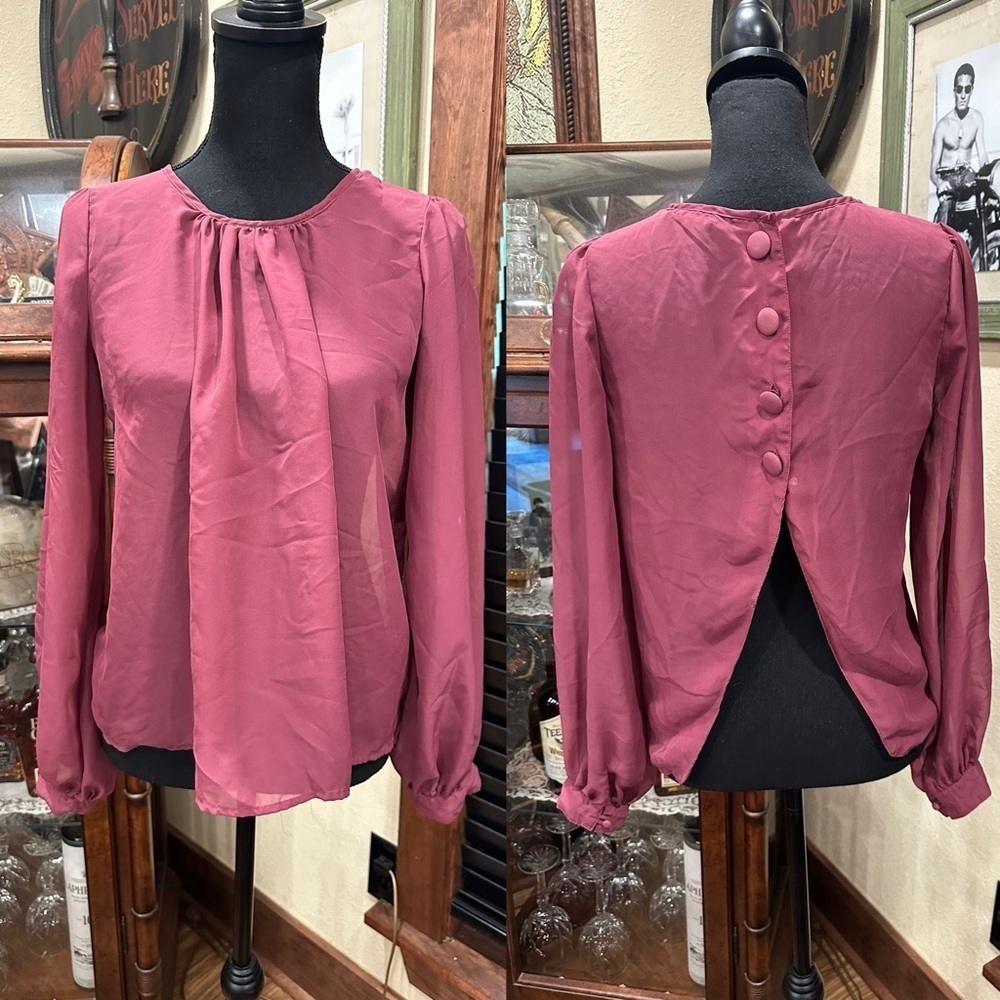 EUC Poetry sheer blouse w puff sleeve and back button style Sz L